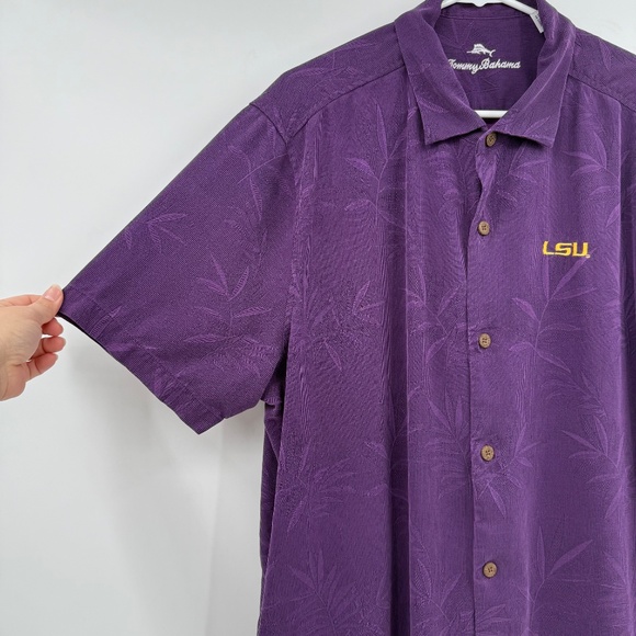 Tommy Bahama Shirt Men XL Purple Silk LSU Button Up Short Sleeve Floral Hawaiian - Picture 3 of 11